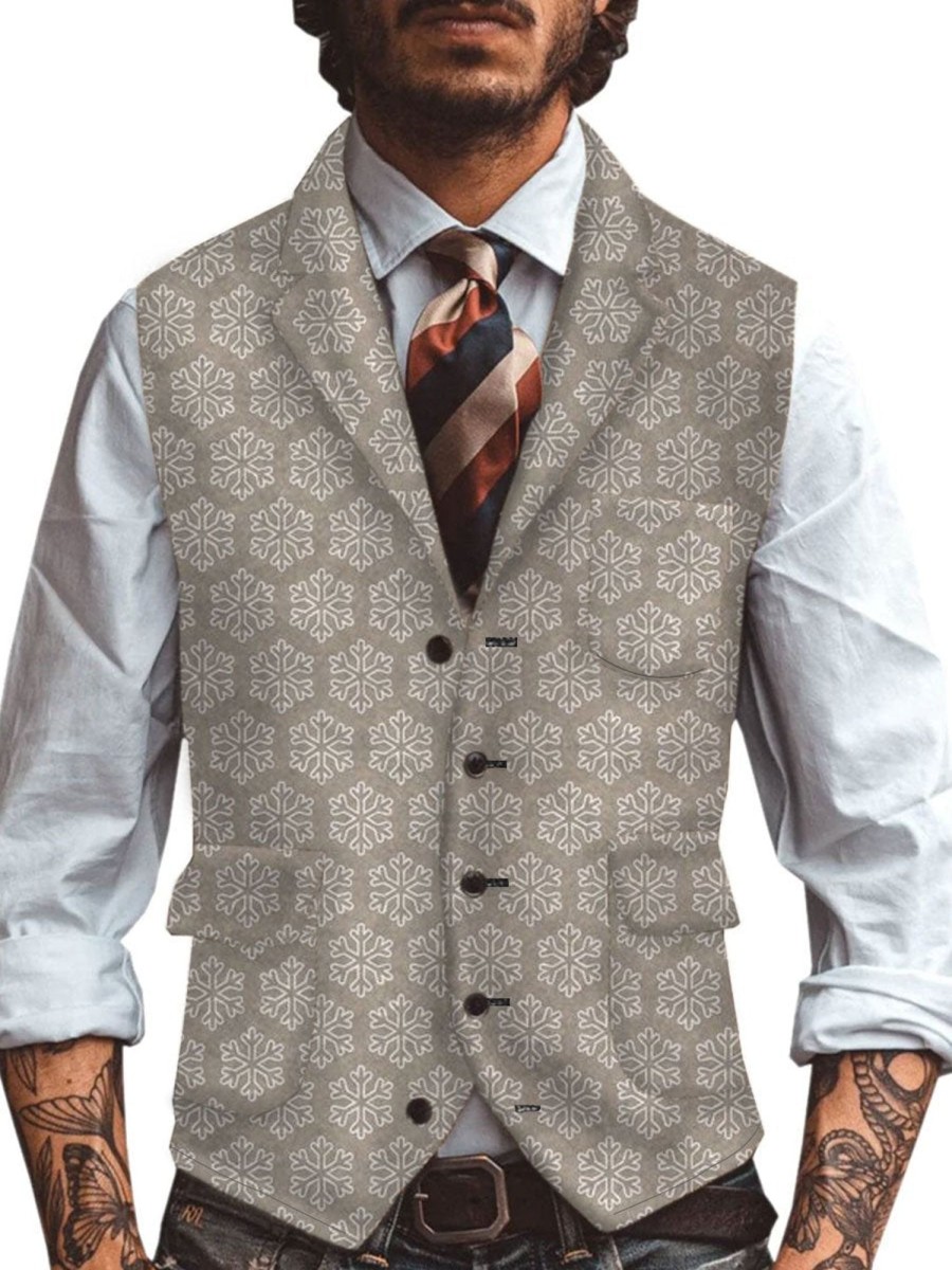 Men DJ Vest | Retro Snowflake Geometric Print Three-Pocket Lapel Casual Vest Khaki