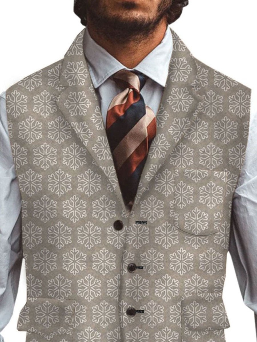 Men DJ Vest | Retro Snowflake Geometric Print Three-Pocket Lapel Casual Vest Khaki