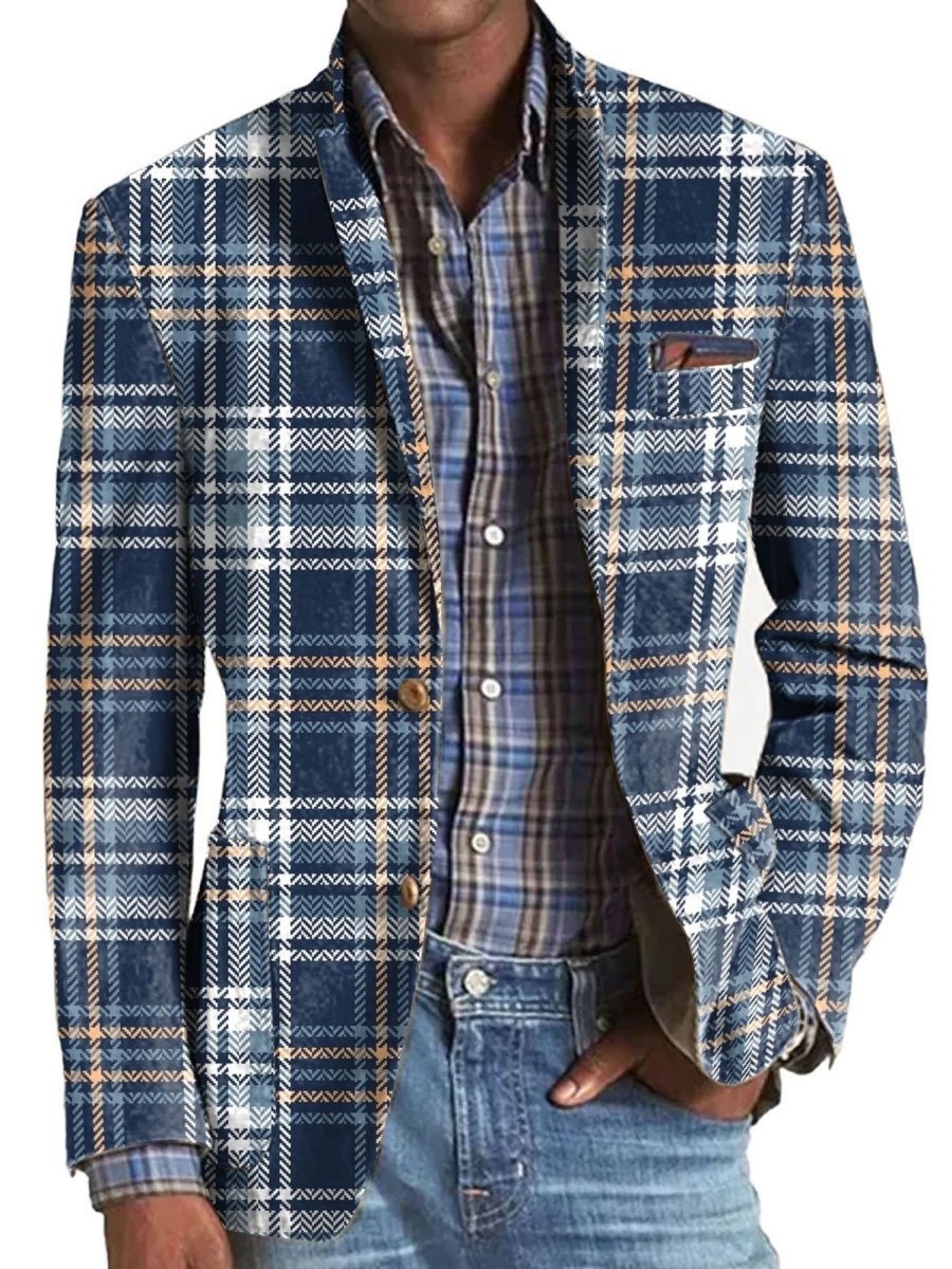 Men BXL Print Jacket | Men'S Retro Herringbone Print Casual Lapel Blazer Navy Blue