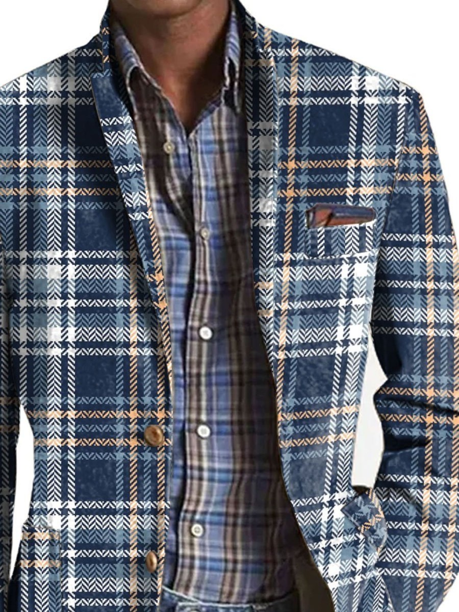 Men BXL Print Jacket | Men'S Retro Herringbone Print Casual Lapel Blazer Navy Blue