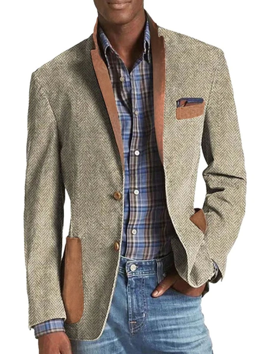 Men DJ Print Jacket | Herringbone Suede Print 3-Pocket Casual Retro Lapel Blazer Khaki