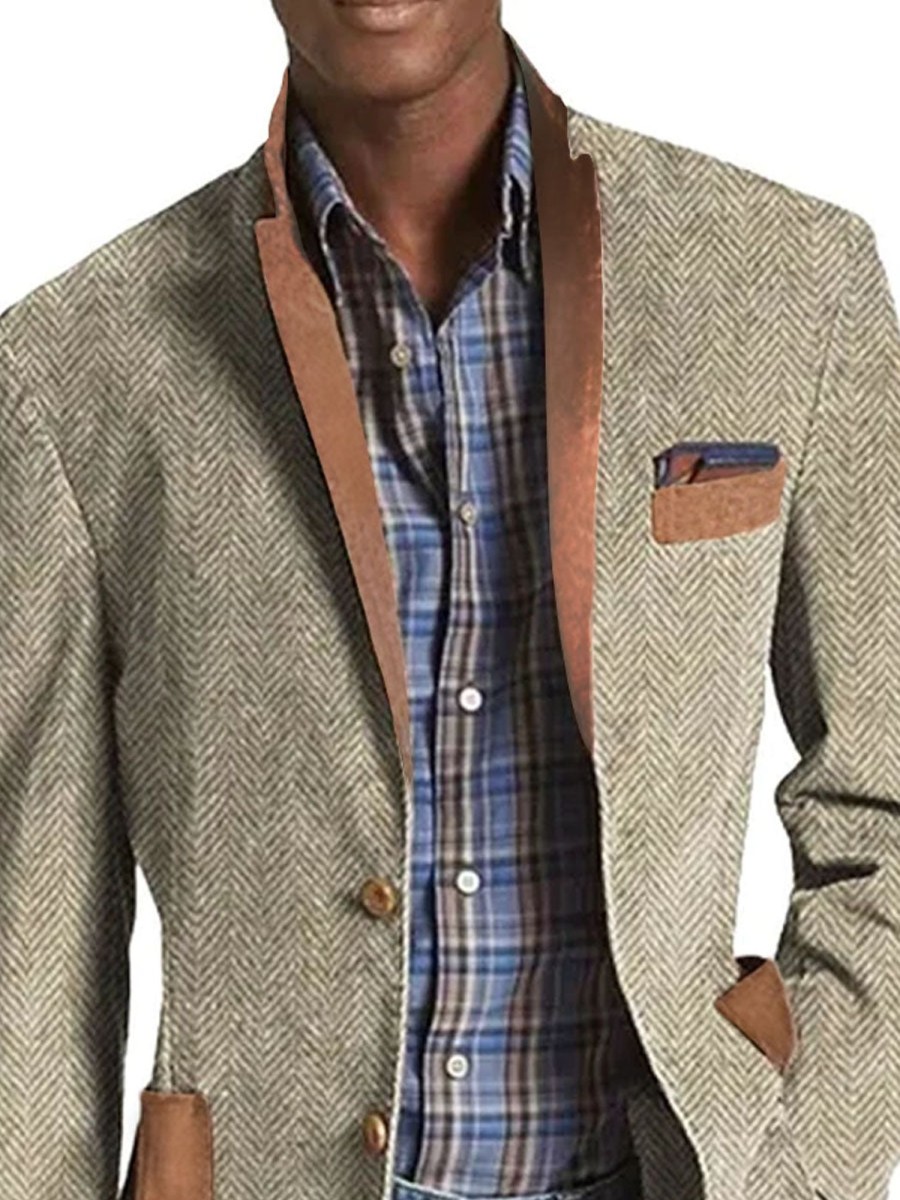 Men DJ Print Jacket | Herringbone Suede Print 3-Pocket Casual Retro Lapel Blazer Khaki