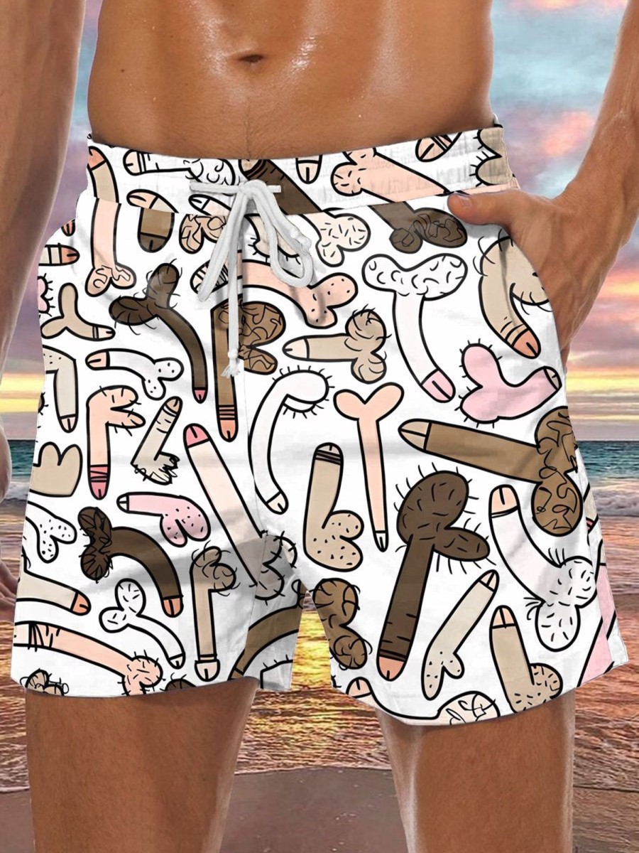 Men DJ Shorts | Cartoon Cocks Print Casual Double Pocket Lace-Up Shorts