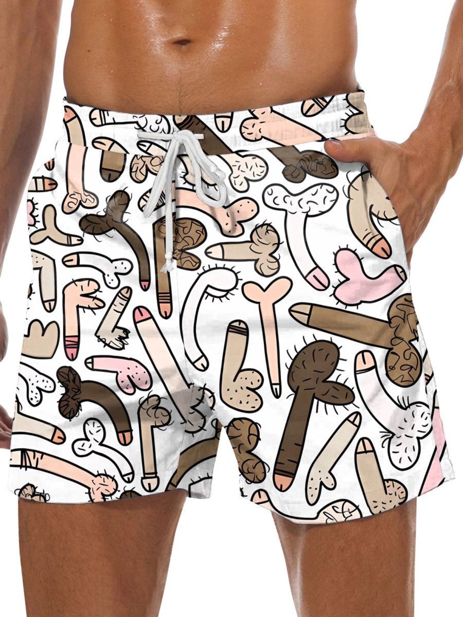 Men DJ Shorts | Cartoon Cocks Print Casual Double Pocket Lace-Up Shorts