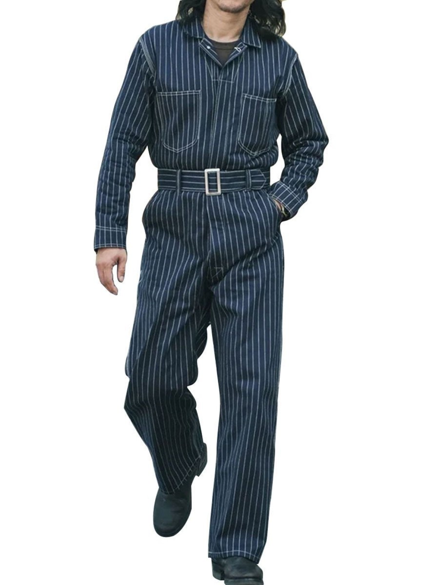 Men BXL Bottoms | Men'S Retro Striped Cotton Multi-Pocket Waist Casual Jumpsuit Navy Blue