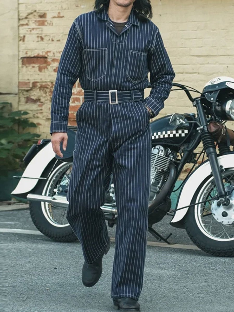 Men BXL Bottoms | Men'S Retro Striped Cotton Multi-Pocket Waist Casual Jumpsuit Navy Blue