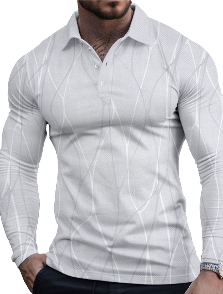 Men TH Casual Shirts | Men'S Line Business Elegant 3D Print Golf Polo Shirts White