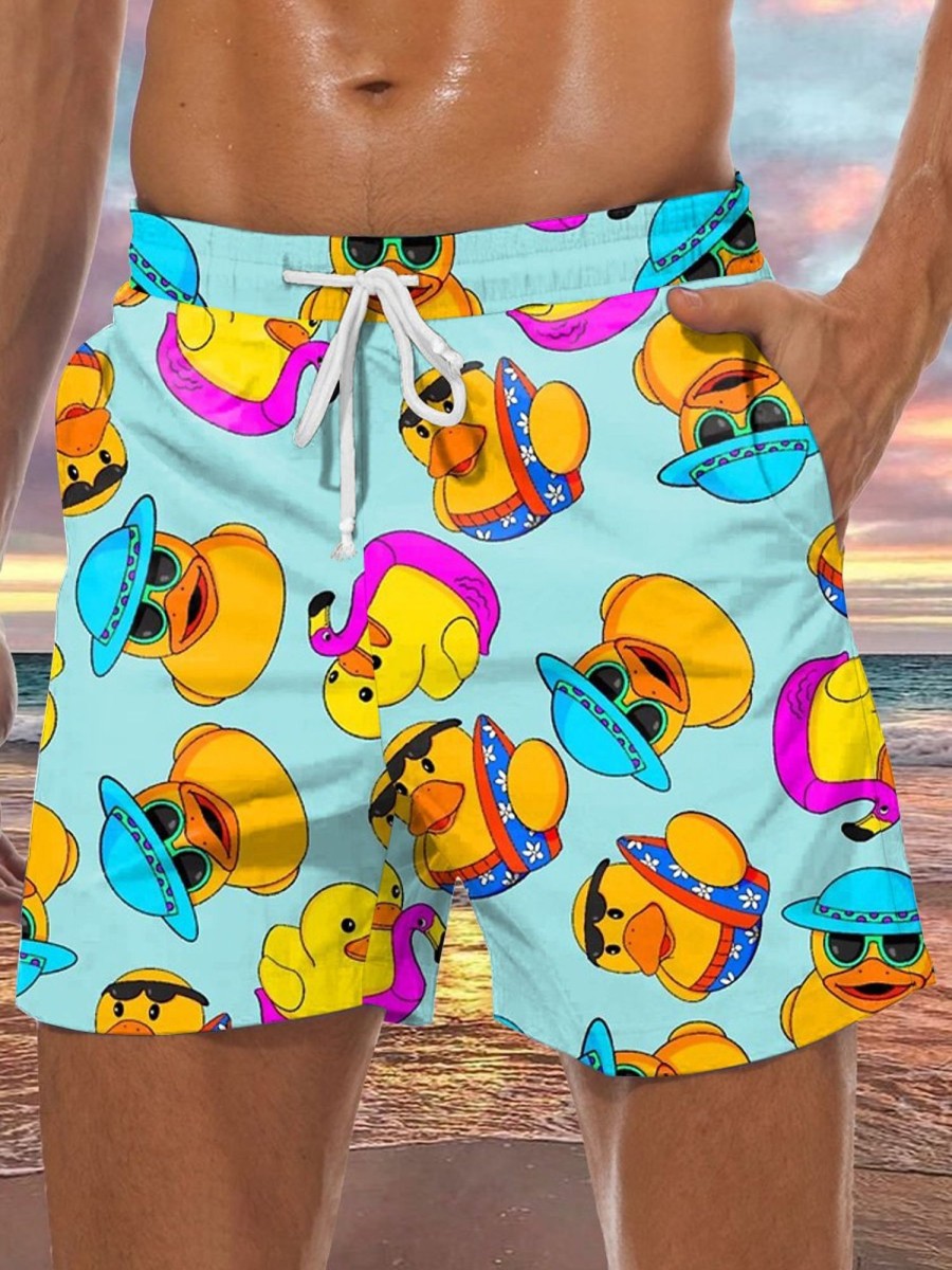 Men DJ Bottoms | Cute Yellow Duck Print Pocket Shorts Blue