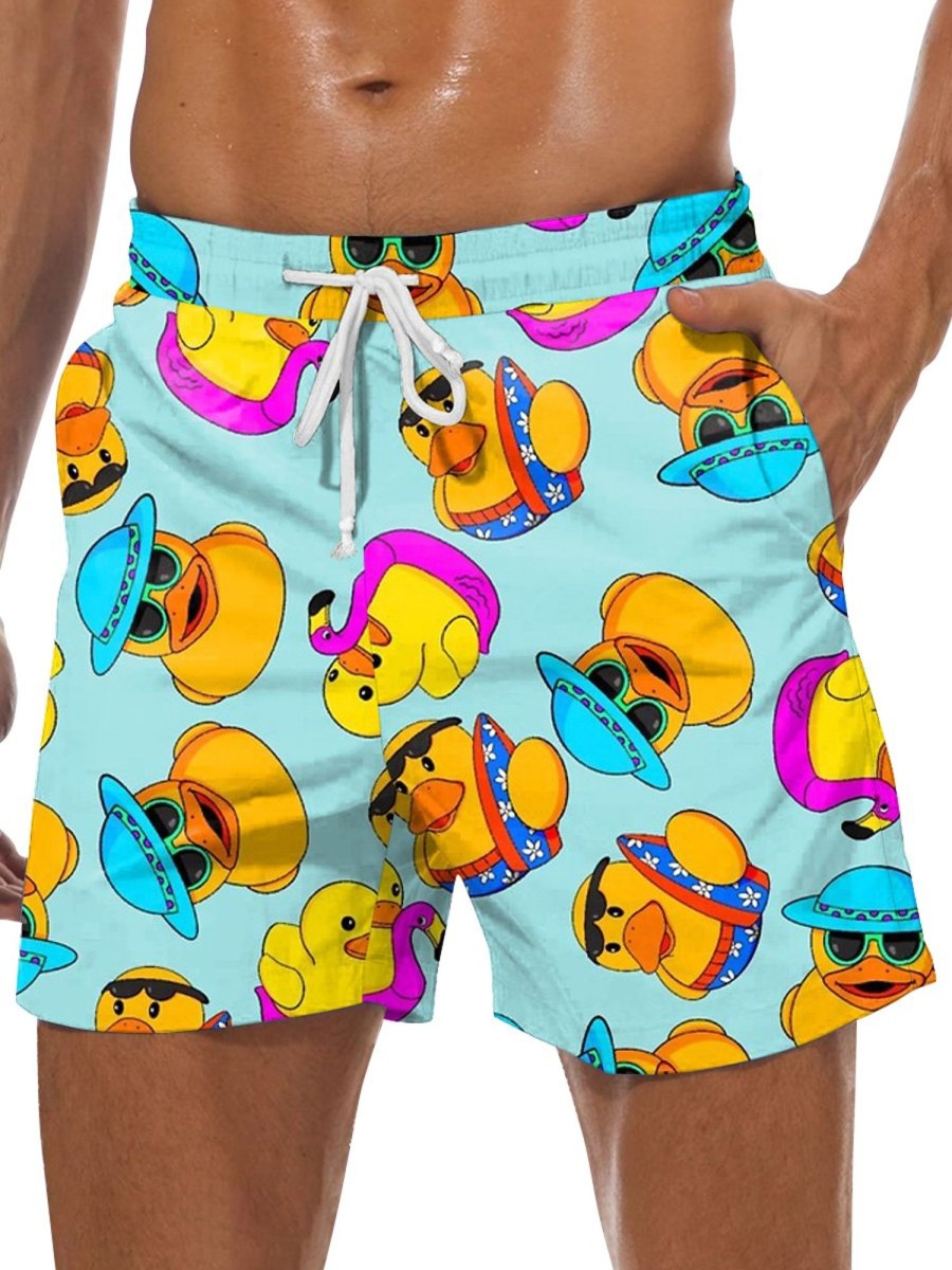 Men DJ Bottoms | Cute Yellow Duck Print Pocket Shorts Blue