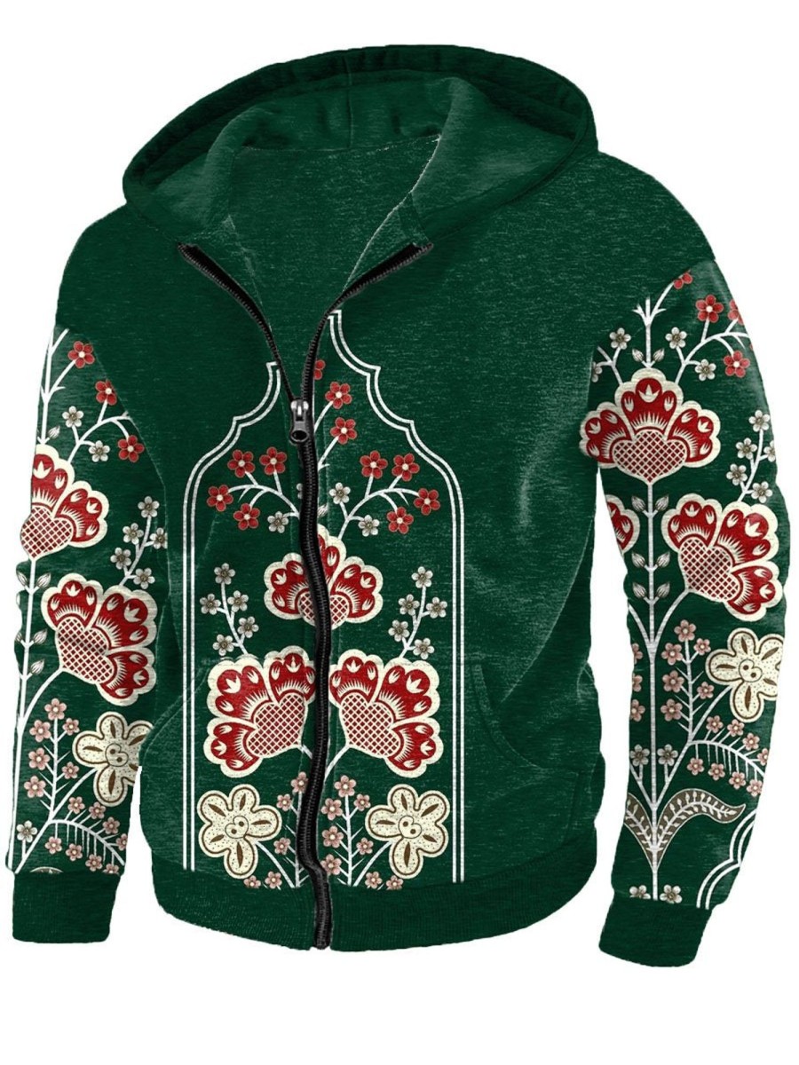 Men DJ T-Shirts | Emerald Ethnic Floral Print Pocket Hooded Sweatshirt Dark Green