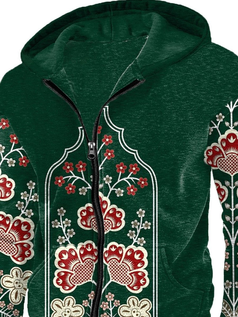 Men DJ T-Shirts | Emerald Ethnic Floral Print Pocket Hooded Sweatshirt Dark Green