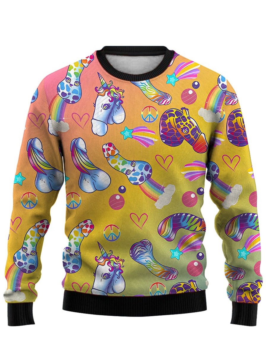 Men LJC Ugly Sweater | Rainbow Horse Stick Figure Crewneck Sweatshirt Photo Color