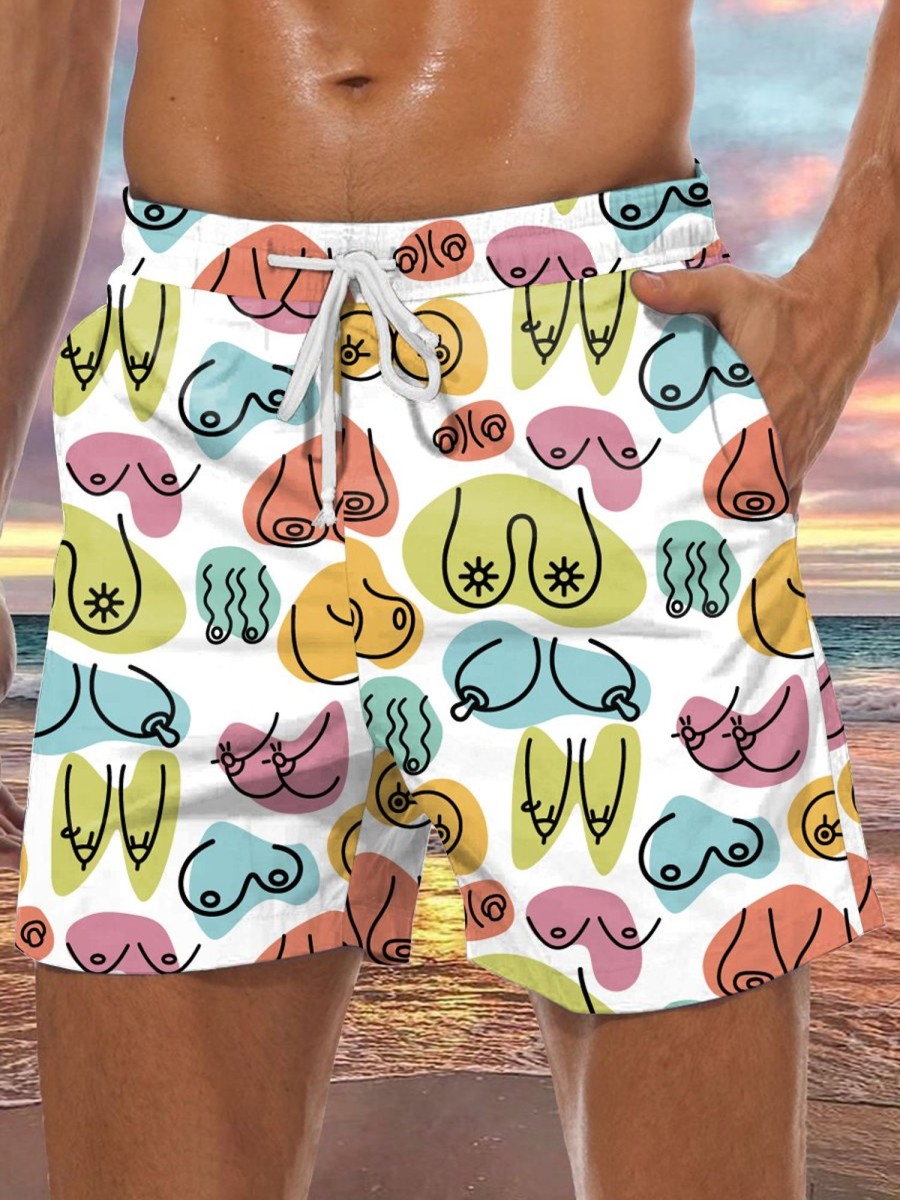 Men DJ Bottoms | Fun Cartoon Boobs Print Pocket Tie-Up Hawaiian Shorts Photo Color