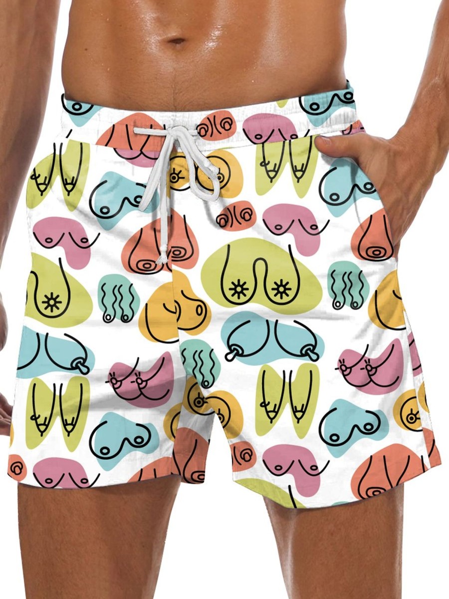 Men DJ Bottoms | Fun Cartoon Boobs Print Pocket Tie-Up Hawaiian Shorts Photo Color