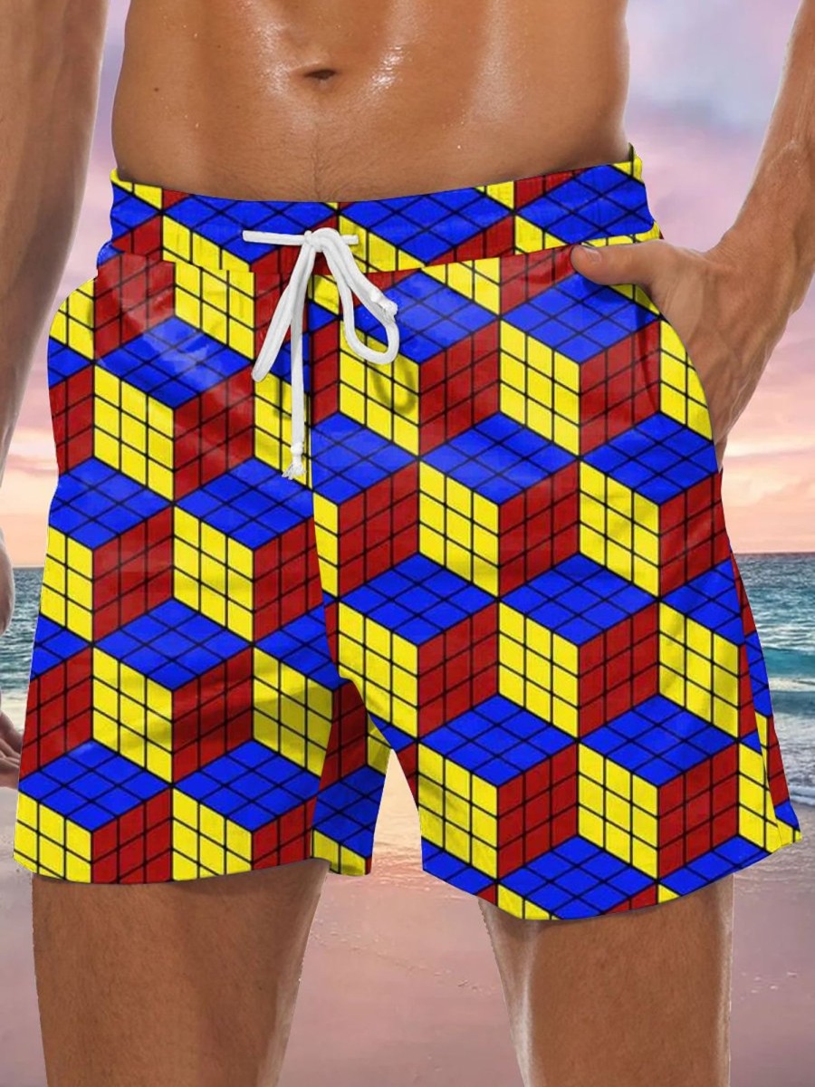 Men GYJ Bottoms | Rubik'S Cube Print Track Shorts Photo Color