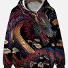 Men DJ Print Hoodie | Japanese Ukiyo-E Dragon Print Hooded Sweatshirt Photo Color