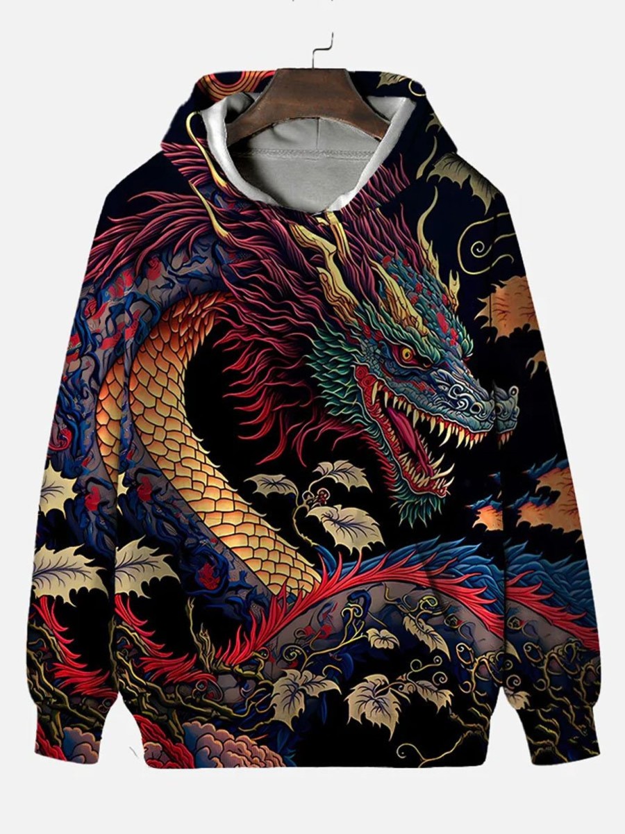 Men DJ Print Hoodie | Japanese Ukiyo-E Dragon Print Hooded Sweatshirt Photo Color