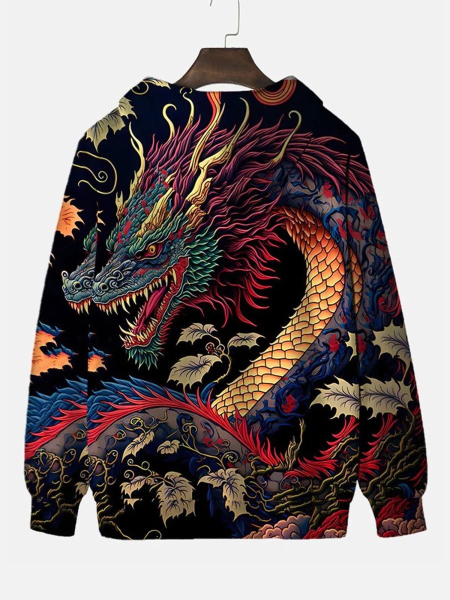 Men DJ Print Hoodie | Japanese Ukiyo-E Dragon Print Hooded Sweatshirt Photo Color