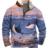 Men DJ T-Shirts | Watercolor Ocean Print Velvet Stand Collar Zipper Pocket Casual Sweatshirt Photo Color