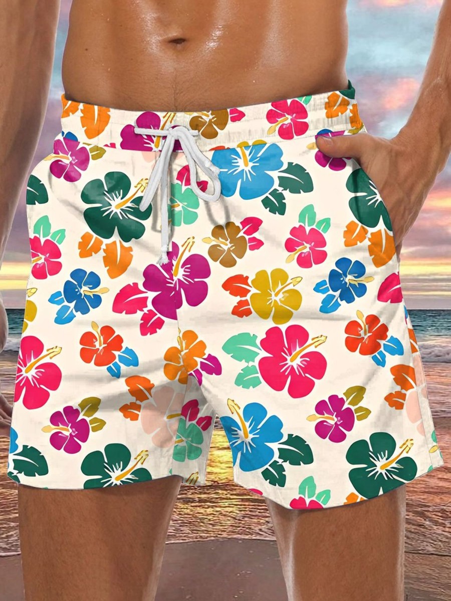 Men DJ Bottoms | Colorful Hawaiian Hibiscus Print Double Pocket Lace Up Shorts Photo Color