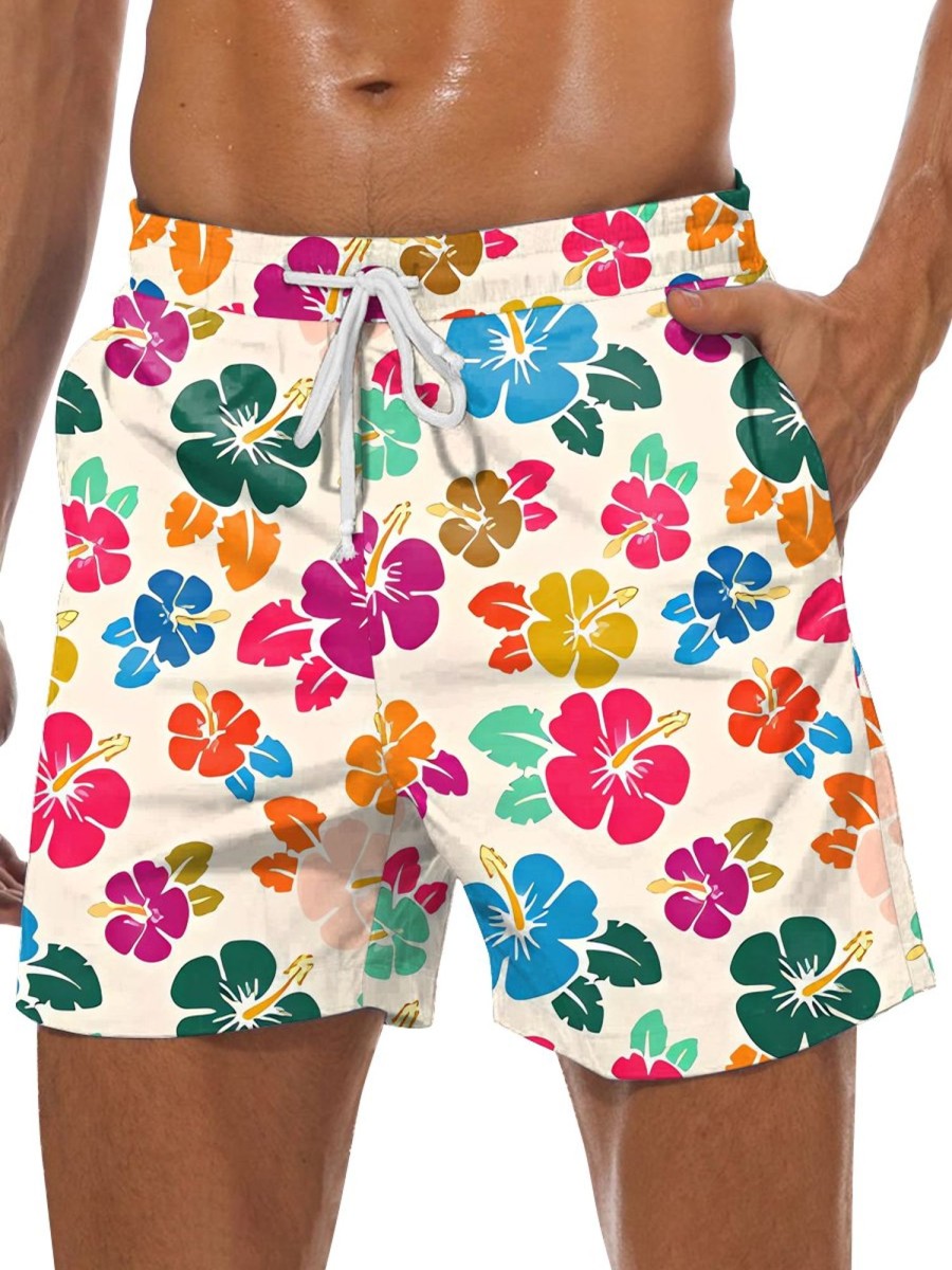 Men DJ Bottoms | Colorful Hawaiian Hibiscus Print Double Pocket Lace Up Shorts Photo Color