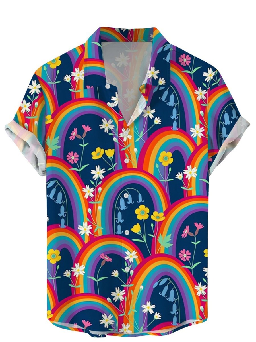 Men DJ Shirts | Vintage Rainbow Floral Print Casual Short Sleeve Shirt Navy