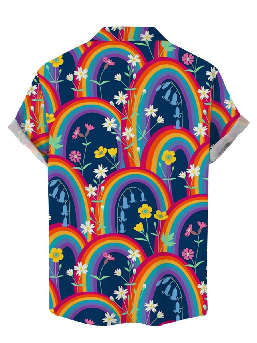 Men DJ Shirts | Vintage Rainbow Floral Print Casual Short Sleeve Shirt Navy