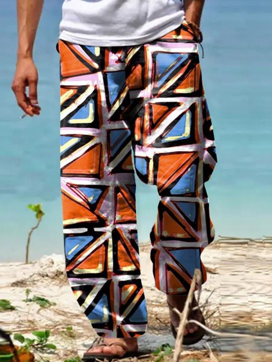 Men DJ Bottoms | Vintage Triangle Print Pocket Lace Up Lounge Pants Photo Color