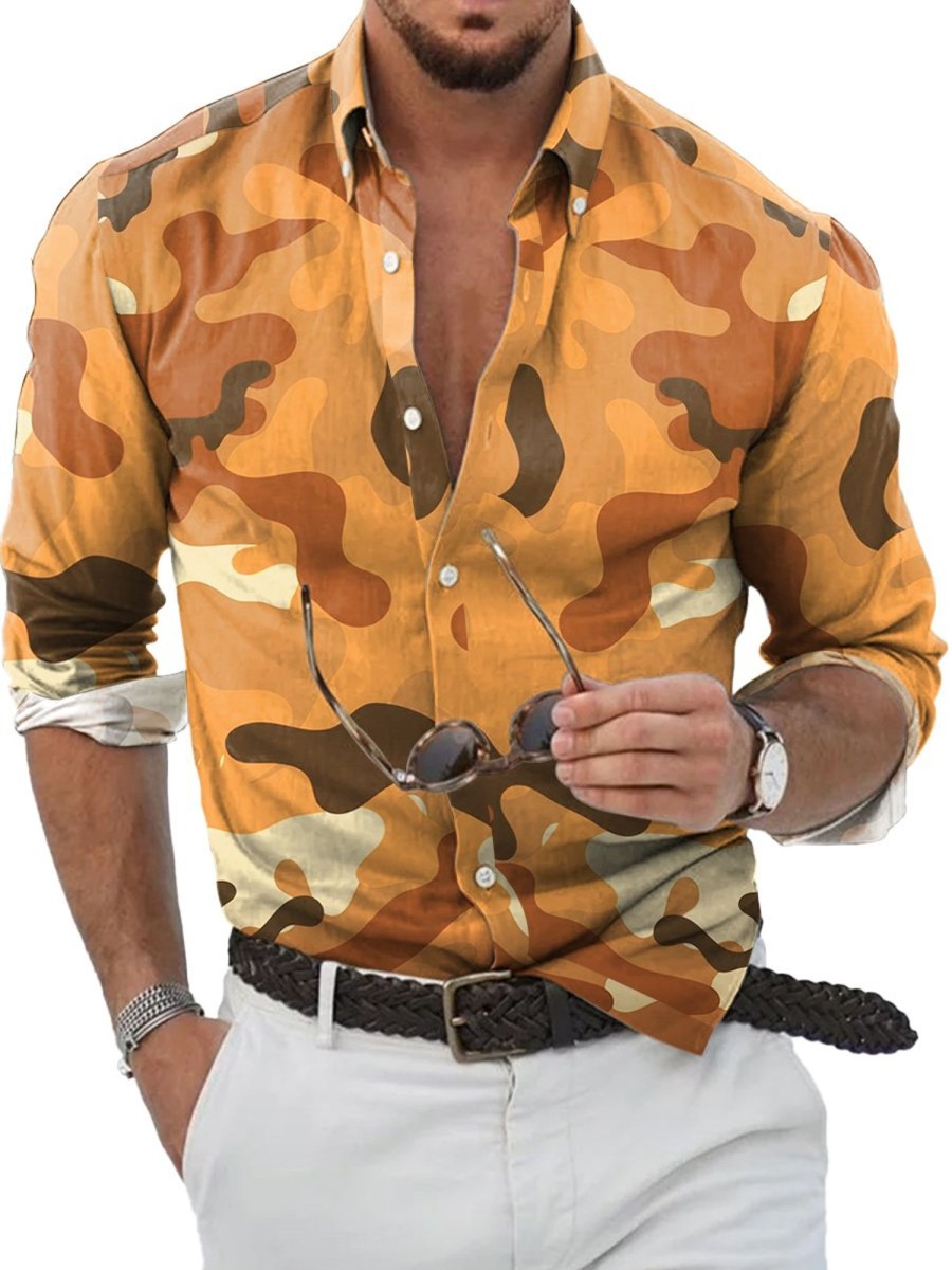 Men QMY Shirts | Vintage Washed Camouflage Print Long Sleeve Shirt Photo Color