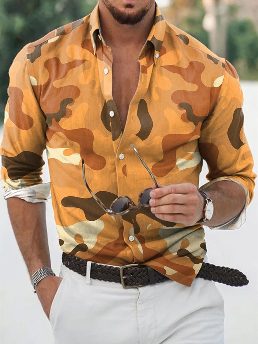 Men QMY Shirts | Vintage Washed Camouflage Print Long Sleeve Shirt Photo Color