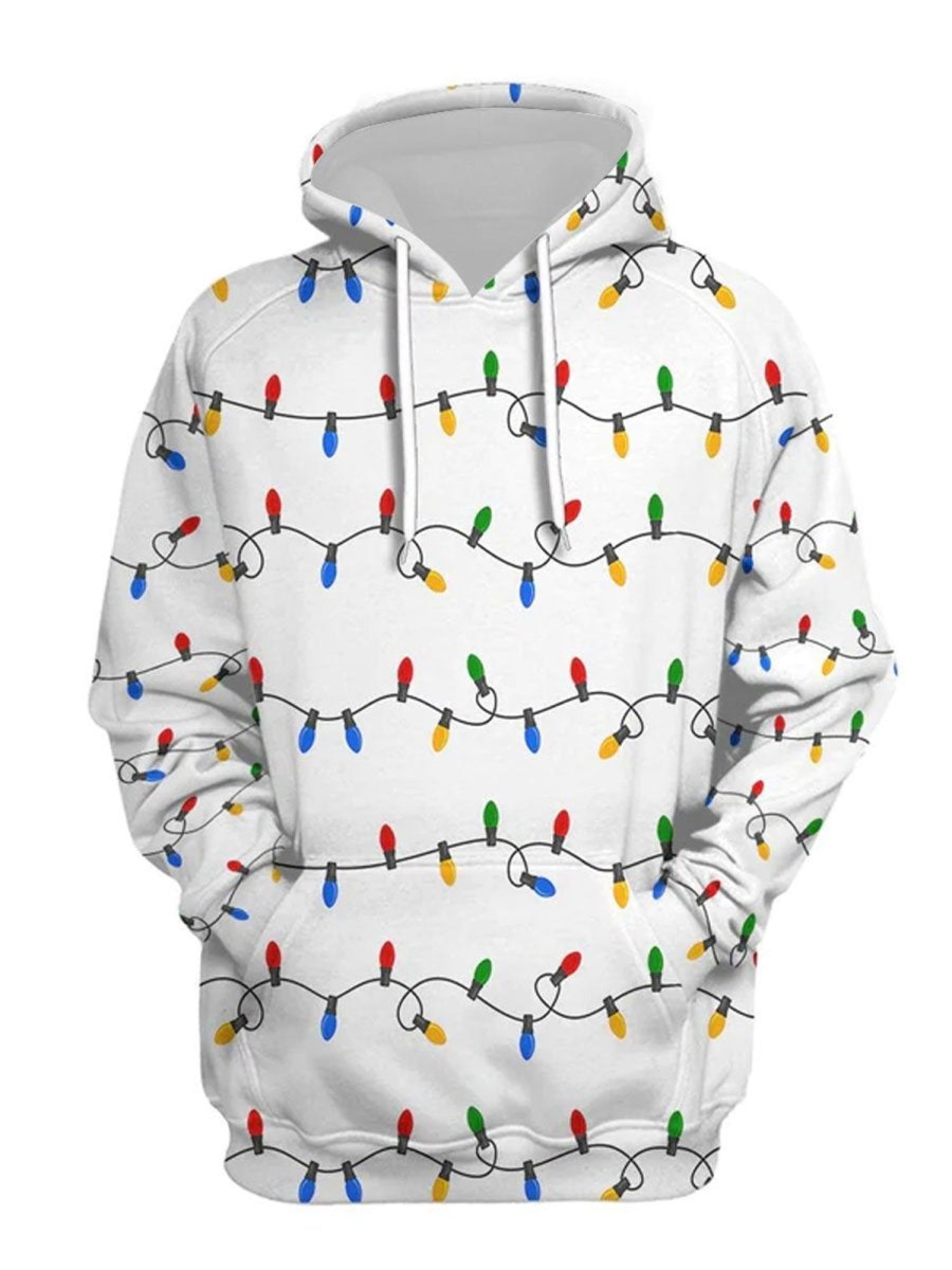 Men DJ T-Shirts | Christmas Lamp Printed Casual Hooded Sweatshirt White