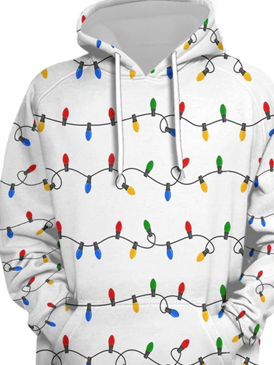 Men DJ T-Shirts | Christmas Lamp Printed Casual Hooded Sweatshirt White