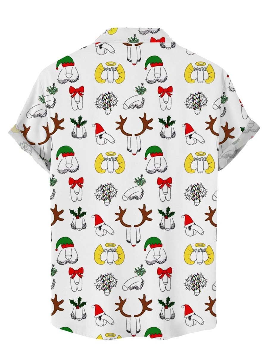 Men DJ Shirts | Fun Merry Cockstmas Printed Casual Short-Sleeved Shirt White