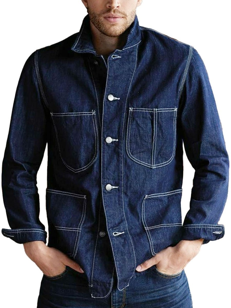 Men BXL Jacket | Men'S Retro Casual Multi-Pocket Solid Color Denim Jacket Dark Blue