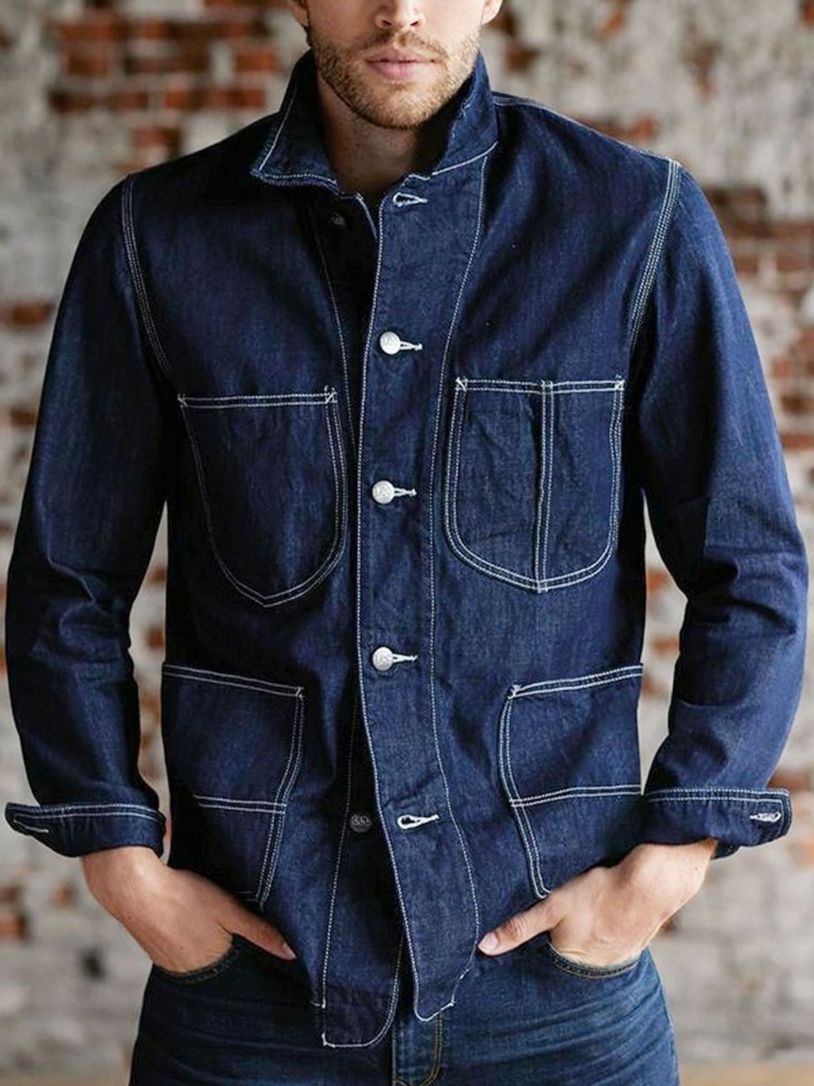 Men BXL Jacket | Men'S Retro Casual Multi-Pocket Solid Color Denim Jacket Dark Blue