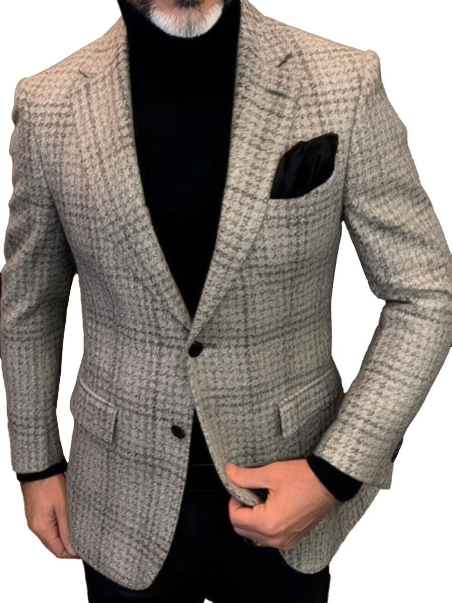 Men BXL Jacket | Men'S Vintage Multi-Pocket Houndstooth Wool Casual Blazer Gray