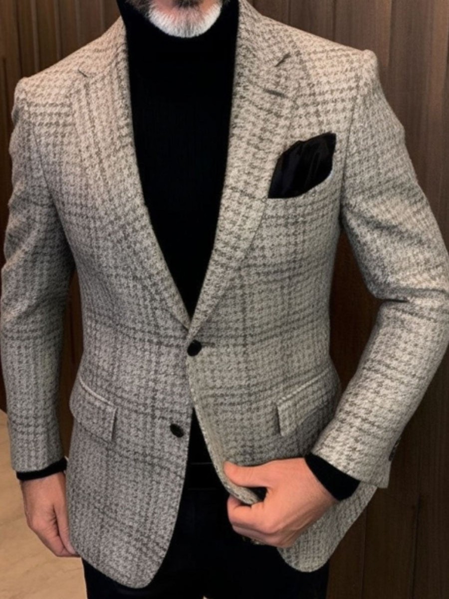 Men BXL Jacket | Men'S Vintage Multi-Pocket Houndstooth Wool Casual Blazer Gray