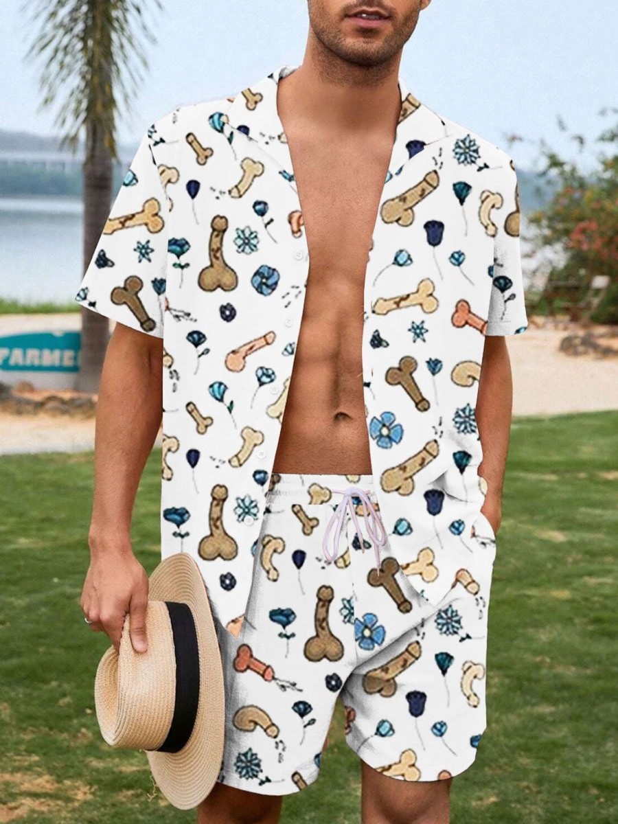 Men BXL T-Shirts | Hawaii Fun Rooster Print Resort Casual Two Piece Set White