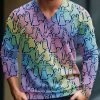 Men BXL Print Sweater | Men Rainbow Ghosts Art Pattern Print V-Neck Lnit Long Sleeve Sweater Photo Color