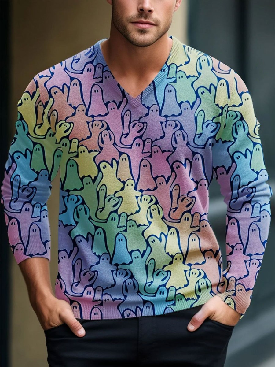 Men BXL Print Sweater | Men Rainbow Ghosts Art Pattern Print V-Neck Lnit Long Sleeve Sweater Photo Color