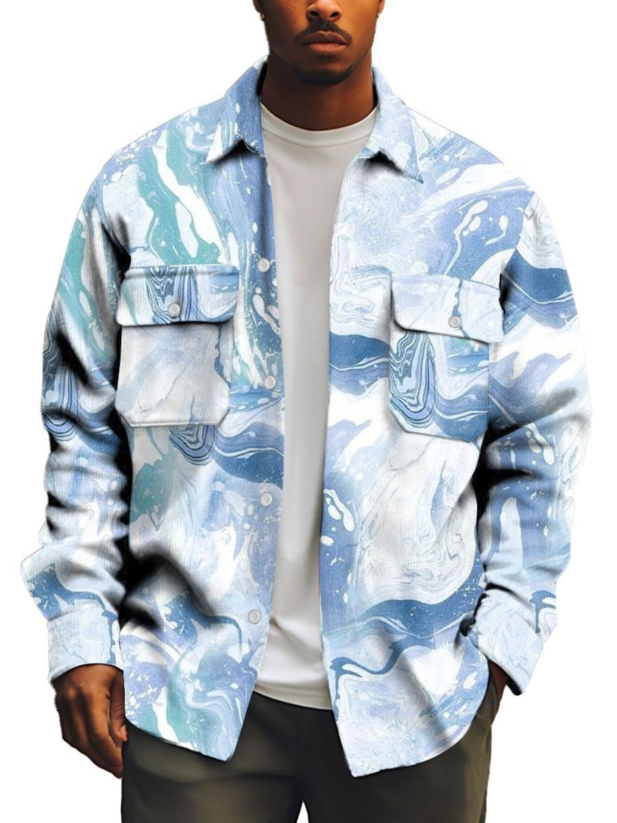 Men BXL Print Jacket | Water Ripple Sequin Print Pocket Single-Breasted Corduroy Jacket 68461869Xl Blue