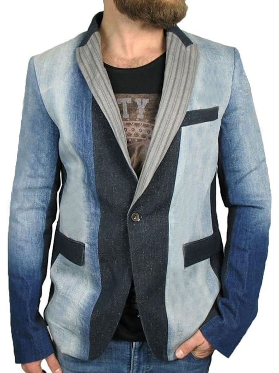 Men BXL Jacket | Men'S Vintage Denim Patchwork Pocket Casual Blazer Photo Color