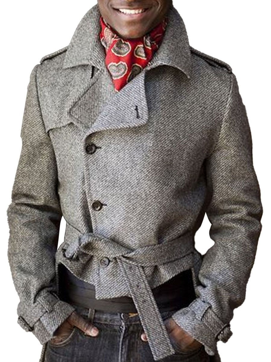 Men DJ Jacket | American Retro Lapel Lace-Up Woolen Coat Gray