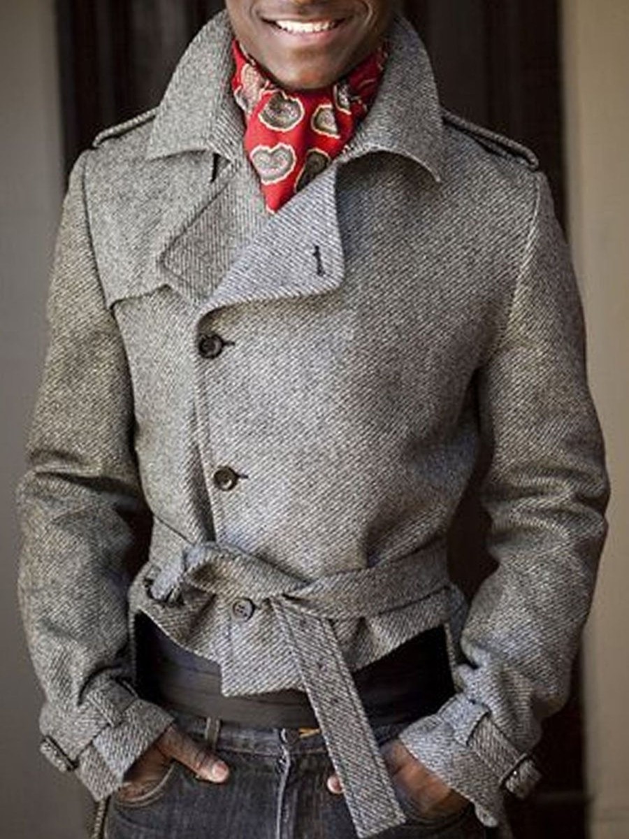 Men DJ Jacket | American Retro Lapel Lace-Up Woolen Coat Gray