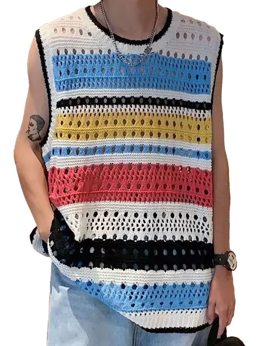 Men BXL Vest | Men'S Colorful Striped Knitted Hollow Casual Vest Photo Color