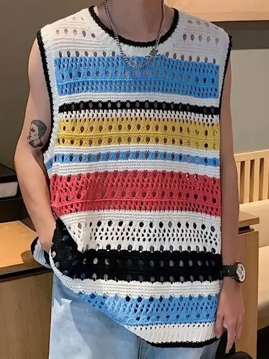 Men BXL Vest | Men'S Colorful Striped Knitted Hollow Casual Vest Photo Color