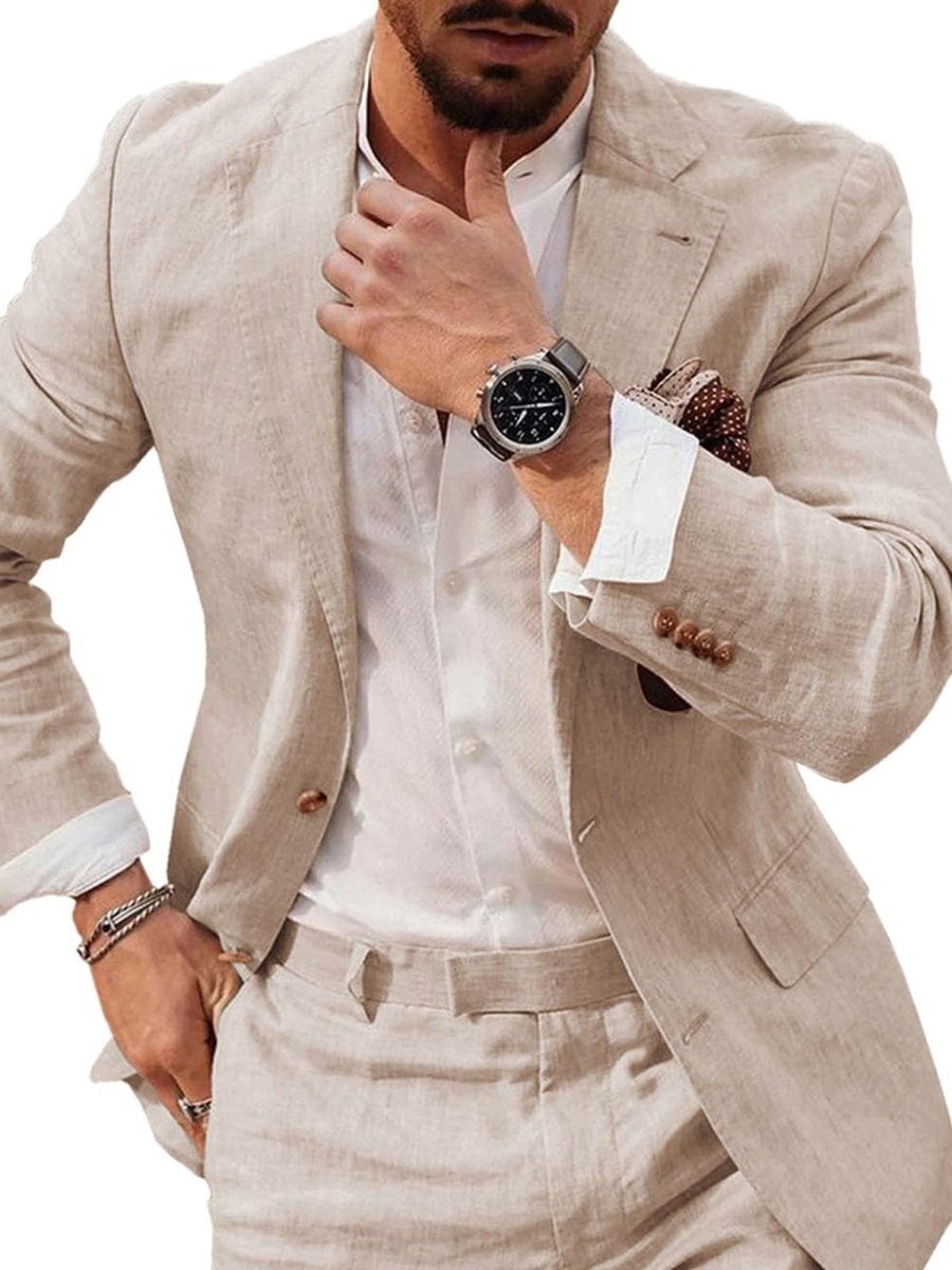 Men QMY Jacket | Men Lightweight Double Button Notch Lapel Blazer Beige