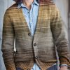 Men DJ Print Cardigan | Retro Gradient Printed V-Neck Knitted Cardigan Photo Color