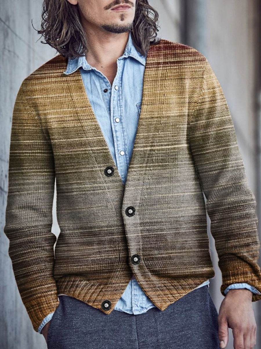 Men DJ Print Cardigan | Retro Gradient Printed V-Neck Knitted Cardigan Photo Color