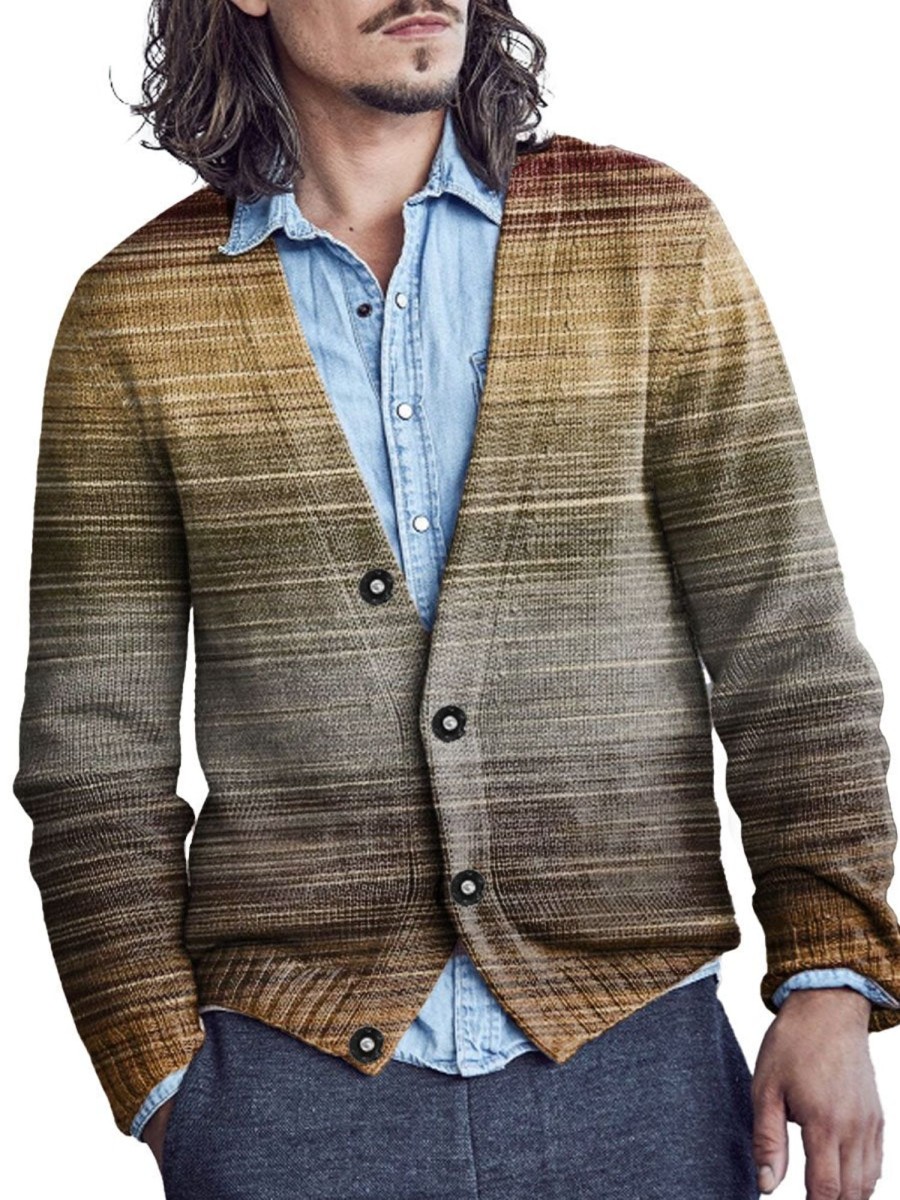 Men DJ Print Cardigan | Retro Gradient Printed V-Neck Knitted Cardigan Photo Color